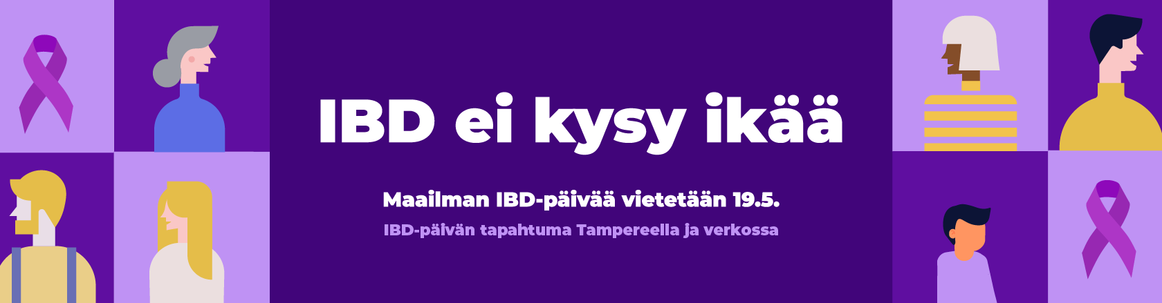 Piirroskuvissa eri-ikäisiä ihmisiä violetilla taustalla ja teksti: IBD ei kysy ikää. Maailman IBD-päivää vietetään 19.5. IBD-päivän tapahtuma Tampereella ja verkossa.