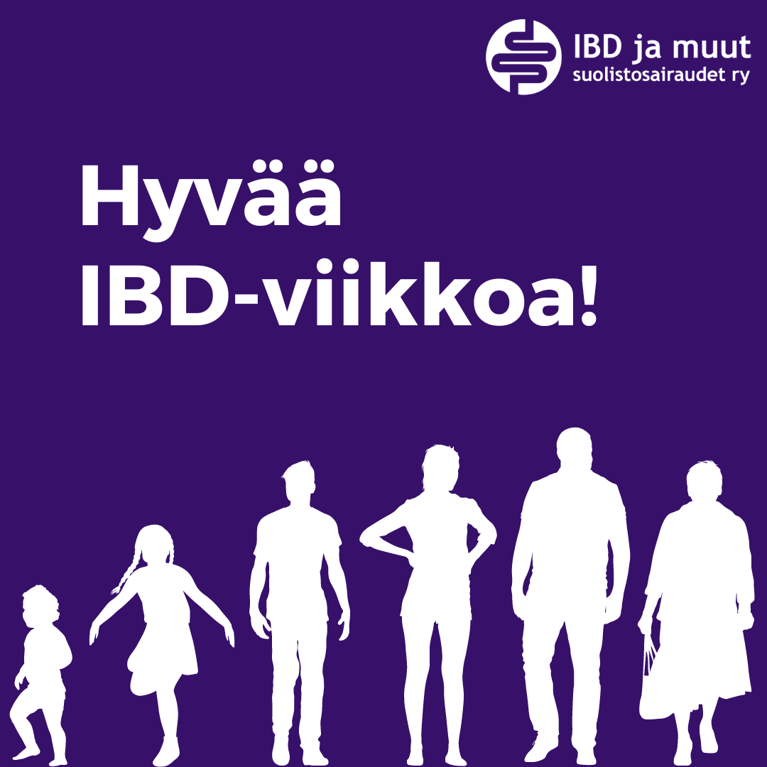 Violetti pohjaväri, alareunassa kuusi valkoista piirrettäy ihmishahmoa. Tekstinä Hyvää IBD-viikkoa. Ylhäällä IBD ja muut suolistosairaudet ry:n logo.
