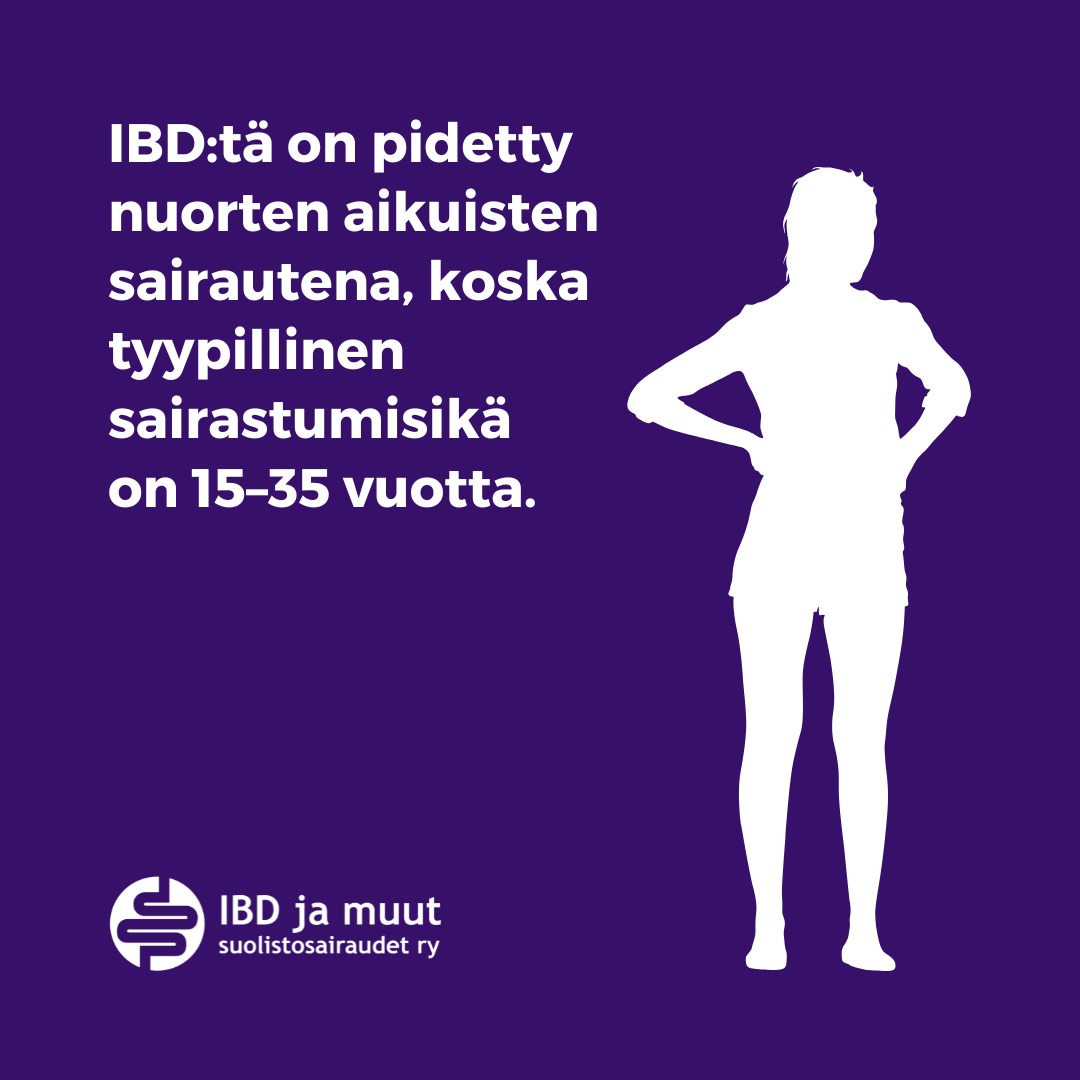 Violetti pohjaväri, valkoinen seisovan naisen piirretty hahmo. Tekstinä IBD:tä on pidetty nuorten aikuisten sairautena. Alhaalla IBD ja muut suolistosairaudet ry:n logo.