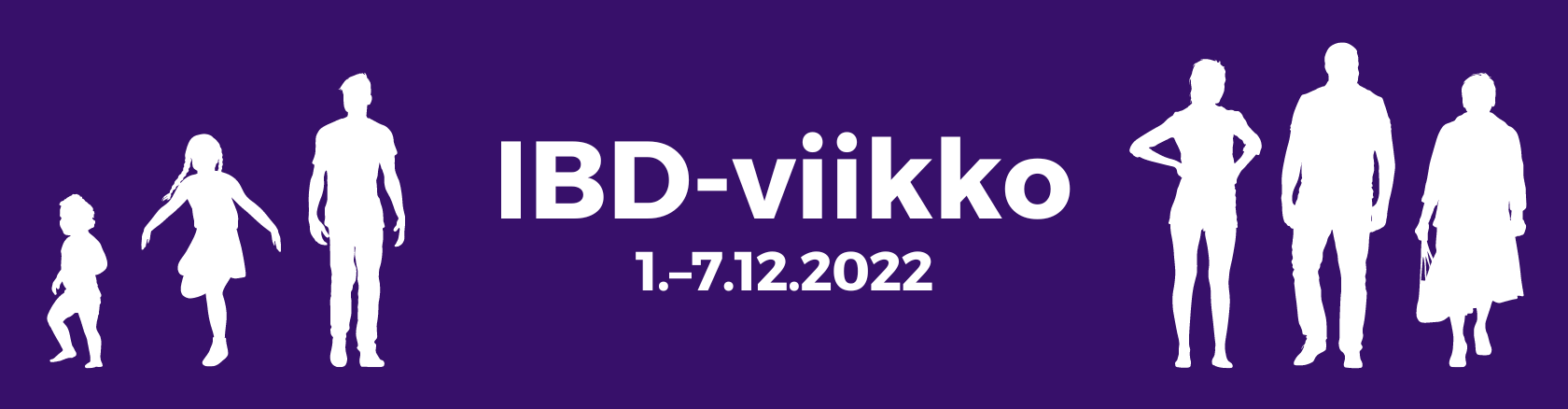 Keskellä lukee: IBD-viikko 1.-7.12.2022. Reunoissa violetilla taustalla valkoiset silhuetit eri-ikäisistä ihmishahmoista.