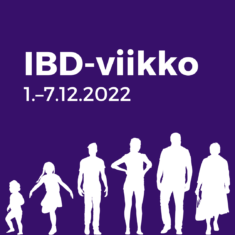 Alareunassa violetilla taustalla eri-ikäisten ihmishahmojen silhuetteja valkoisella. Yläpuolella lukee: IBD viikko 1.-7.12.2022.