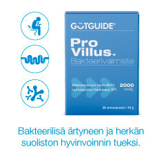 Guitguiden Pro Villus -tuotteen mainoskuva ja teksti "herkälle ja ärtyneelle suolistolle".