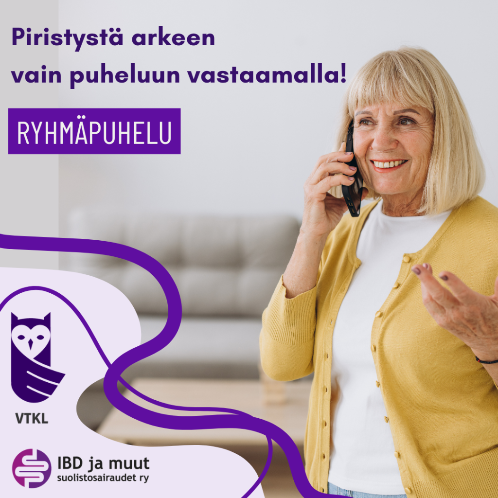 Kuvituskuva, jossa tekstit: Ryhmäpuhelu. Piristystä päivään vain puheluun vastaamalla.