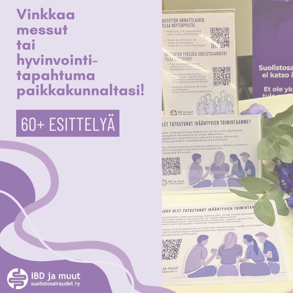 Kuvituskuva, jossa teksti: Vinkkaa messut tai hyvinvointitapahtuma paikkakunnaltasi! 60+ esittelyä.